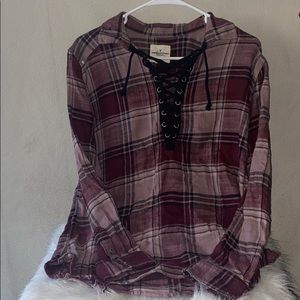 SOLD!!Burgundy Lace Up Damaged Plaid Long